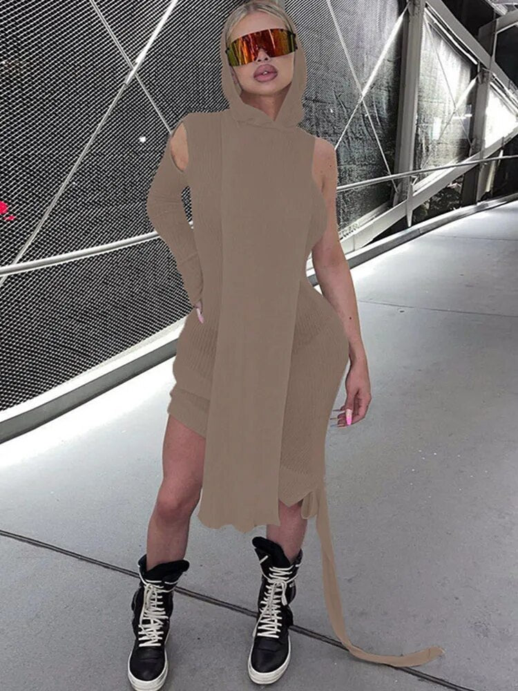 Simenual One Sleeve Knit Asymmetric Midi Dresses Skinny Ribbed Hooded