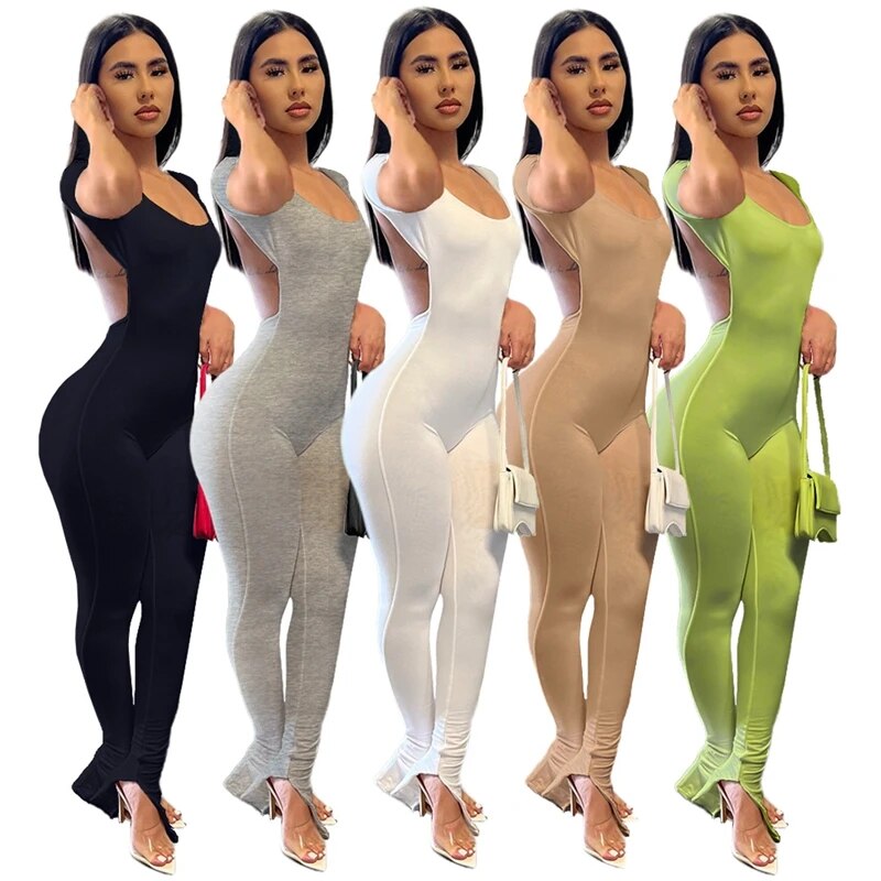 Solid Bodycon Backless Jumpsuit Sexy Rompers Womens Jumpsuit