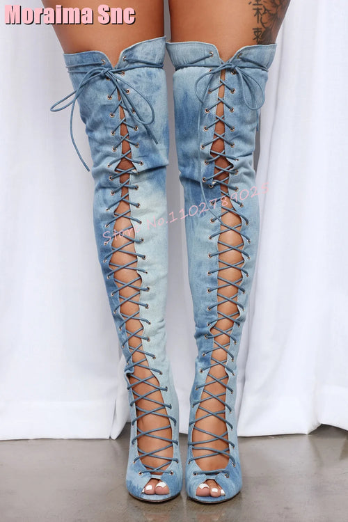 Fashion Peep Toe Lace Up Hollow Thigh High Boots Stiletto High Heel
