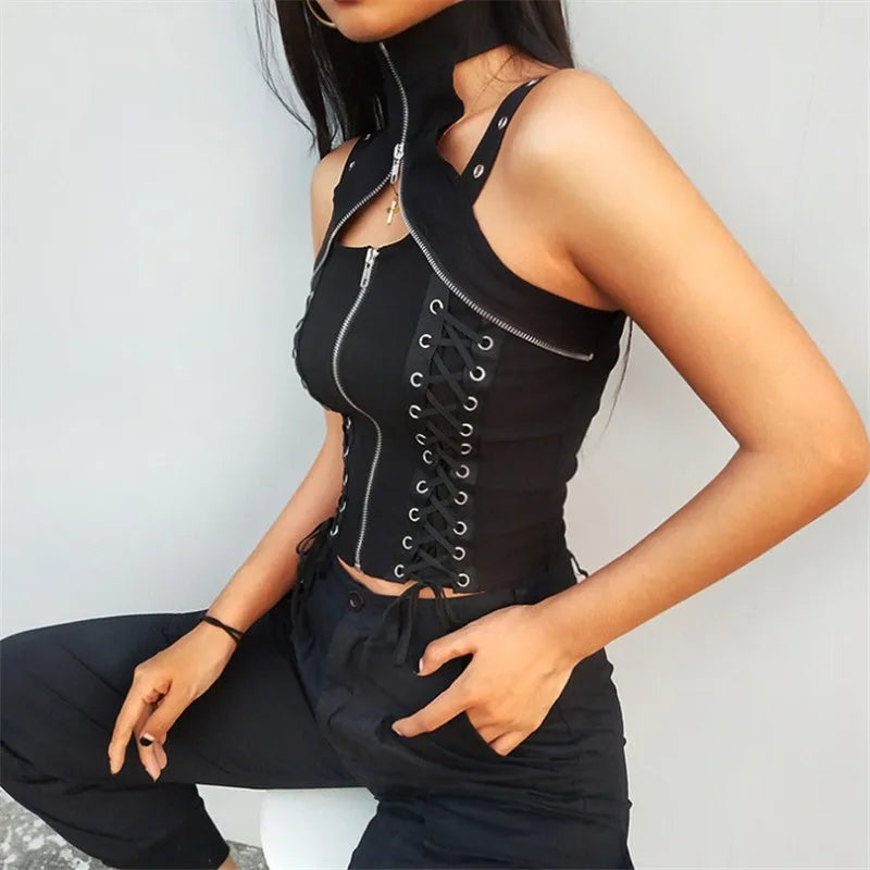 Black Punk Sleeveless Zipper Choker Halter Gothic Tank Bandage Crop