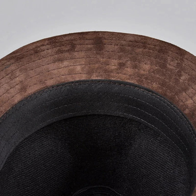 Men Genuine Leather Suede Cow Skin Nubuck Brown Fedoras Hats