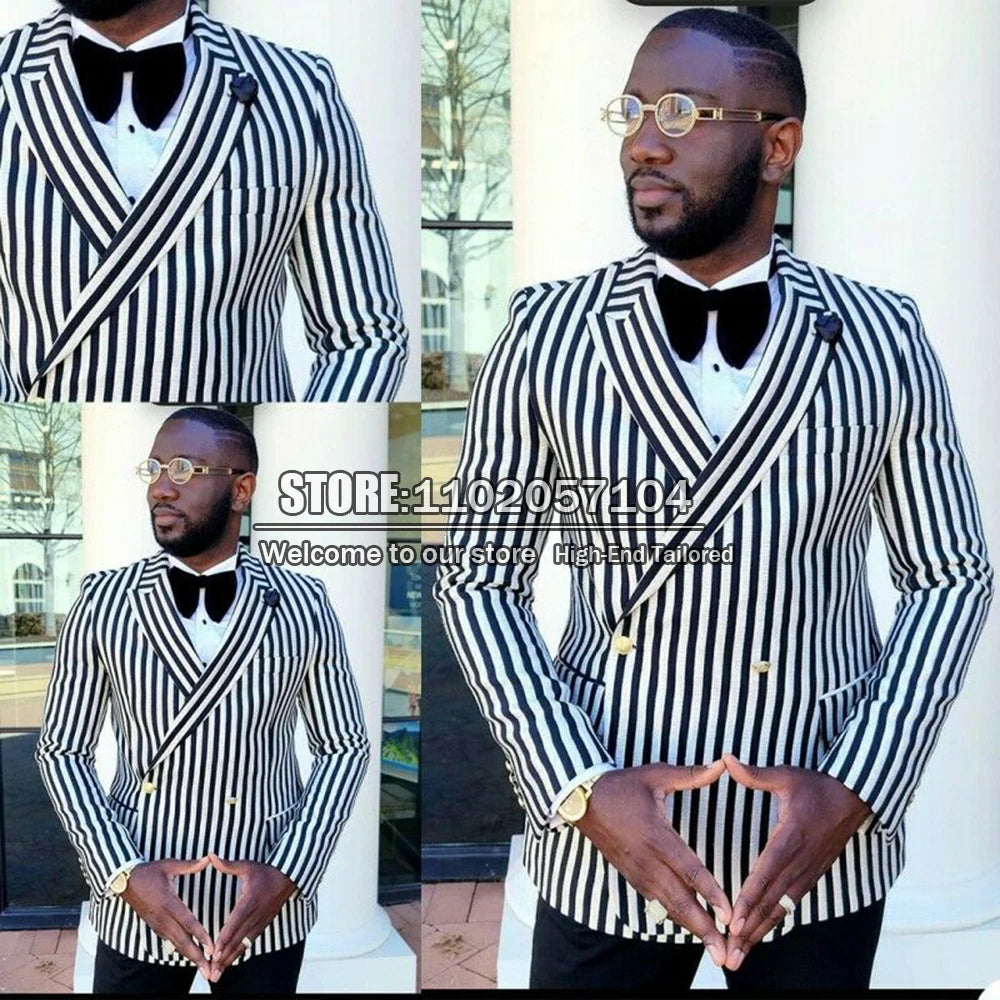 Black/White Striped Suit Jackets Men RegularCoat Double Breasted