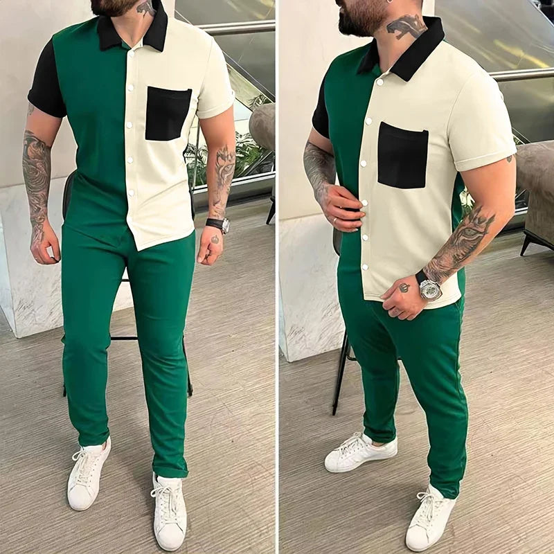 Sports Two Piece Set Mens Outfits Fashion Patchwork Shirt and Pants