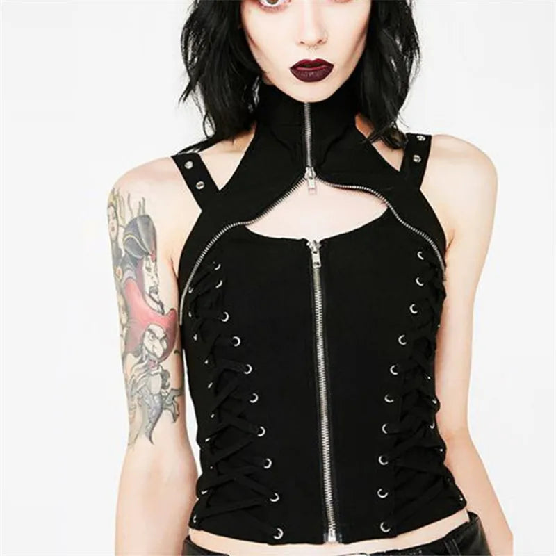 Black Punk Sleeveless Zipper Choker Halter Gothic Tank Bandage Crop