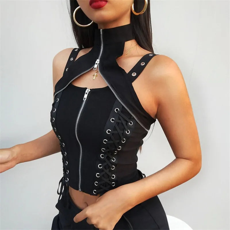 Black Punk Sleeveless Zipper Choker Halter Gothic Tank Bandage Crop