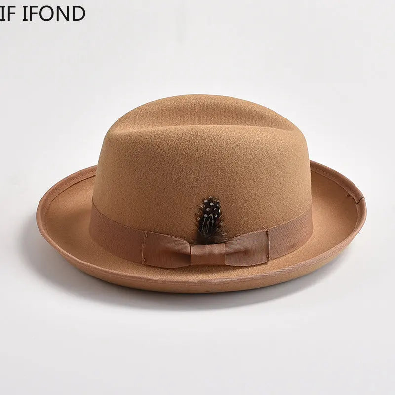 New British Style Wool Felt Fedora Hats for Men Roll Up Brim Homburg