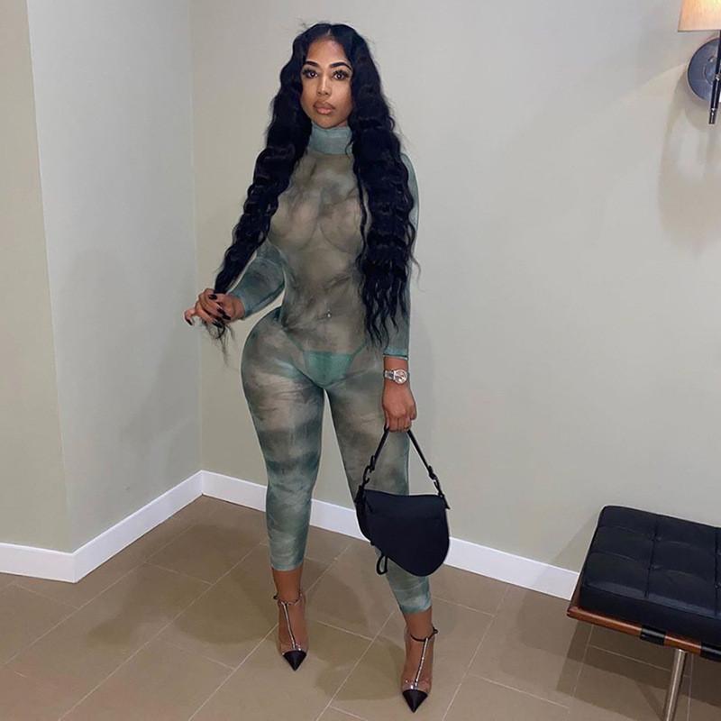 Mesh See Through Bodycon Two Piece Sets Women Backless Turtleneck