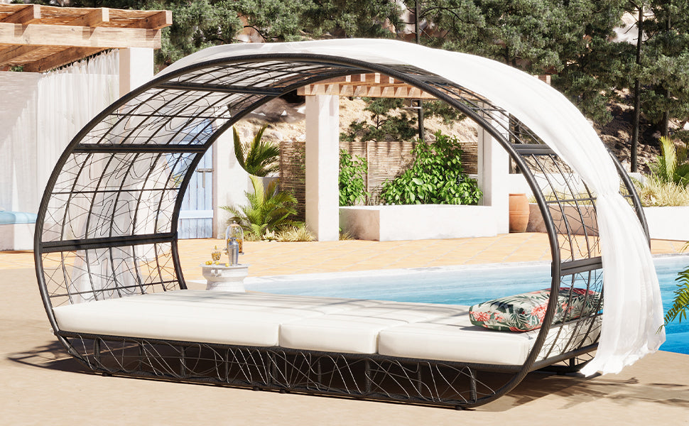 91" Outdoor Patio Daybed with Curtain, Sunbed with Cushion