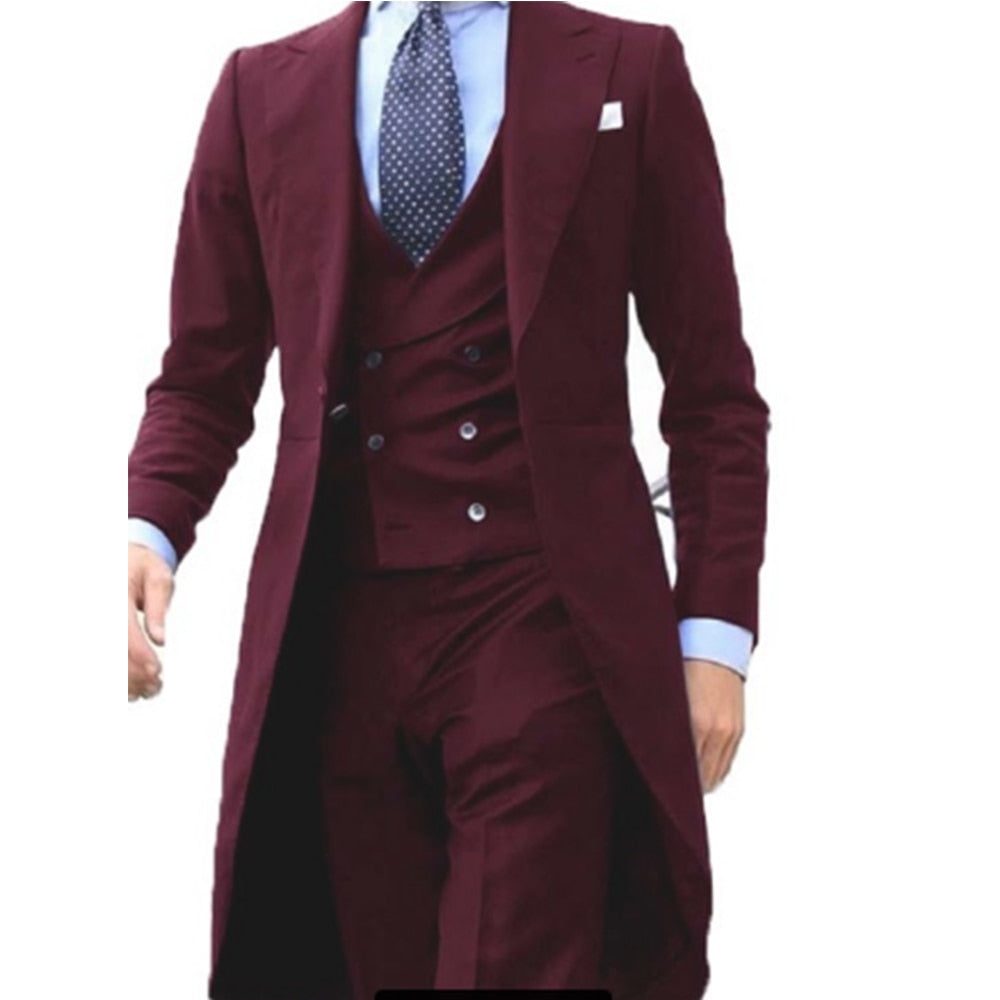 Long Coat Designs Chinese Red Men Suit Gentle Mens