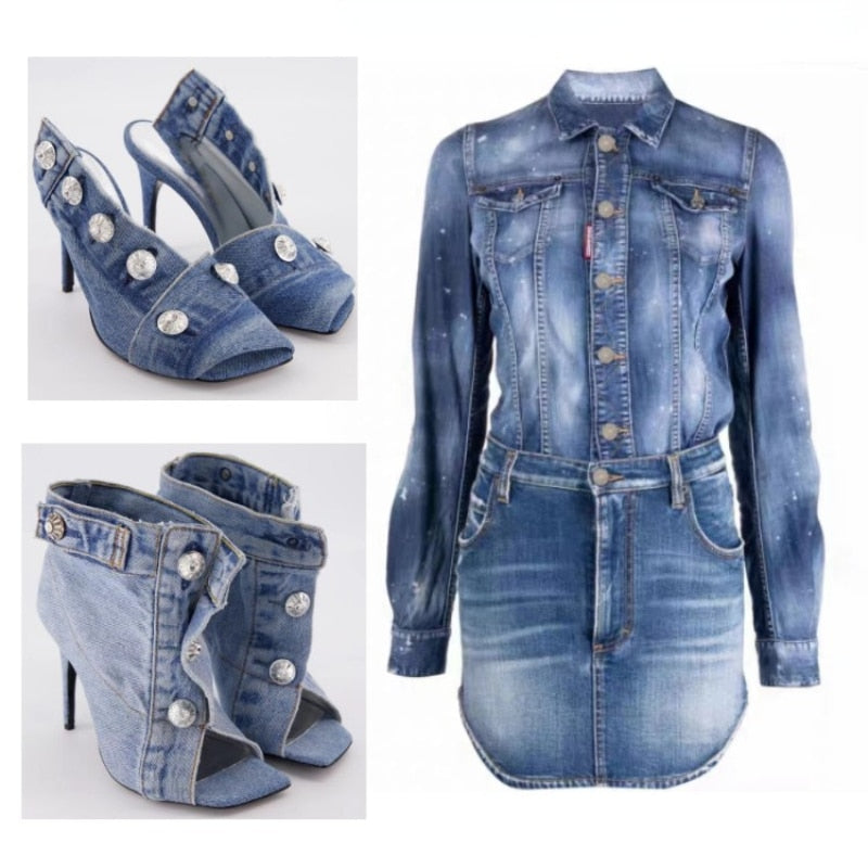 New Pocket Design Fashion Denim High Heel Sandals