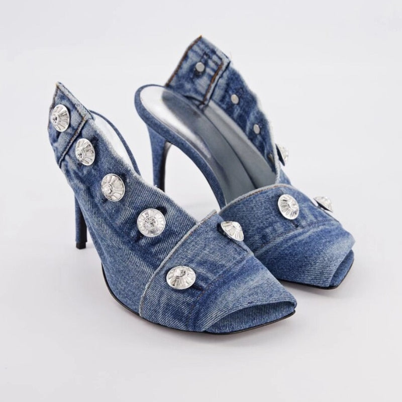 New Pocket Design Fashion Denim High Heel Sandals