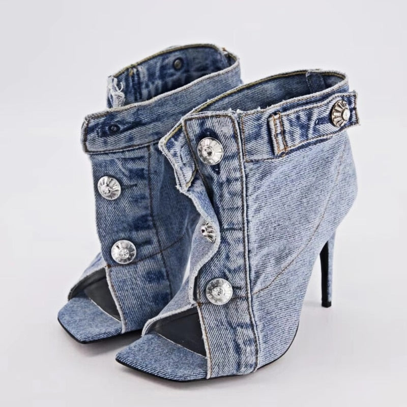 New Pocket Design Fashion Denim High Heel Sandals