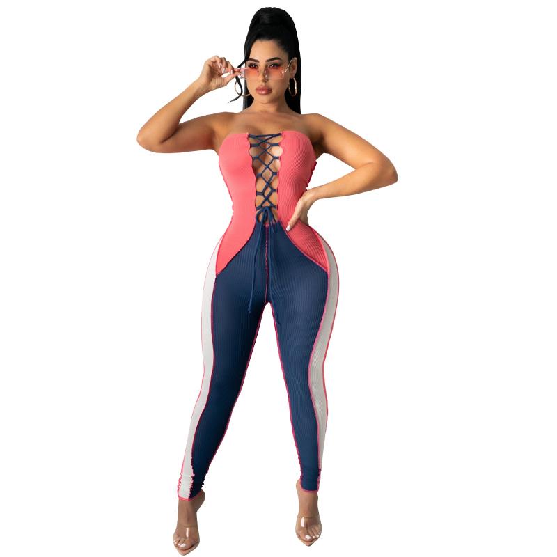 Strapless Contrast Color Long Jumpsuits Womens Sexy Hollow Out Bandage