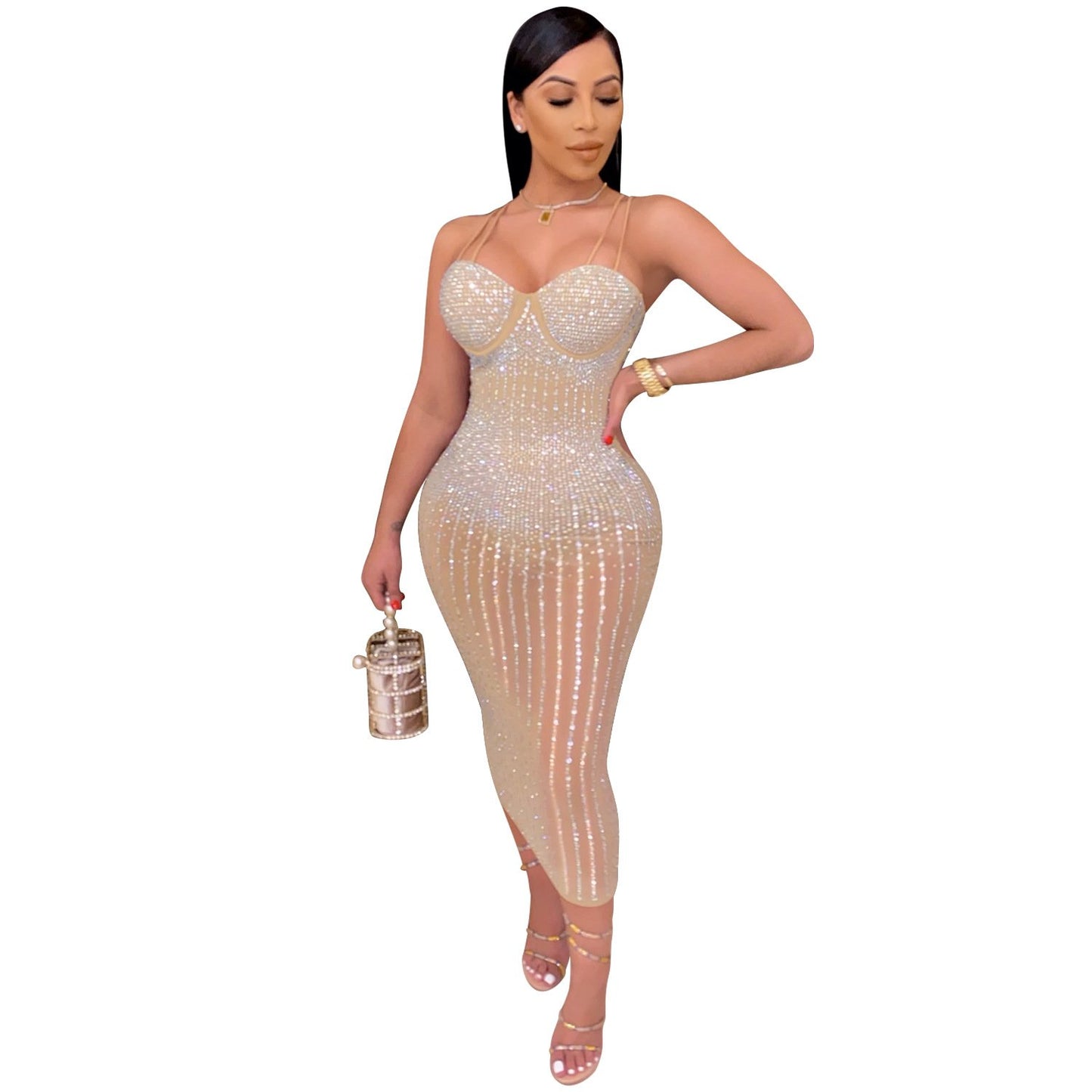 Women Sexy Diamond Bedazzled Dress Party Club Night Dress