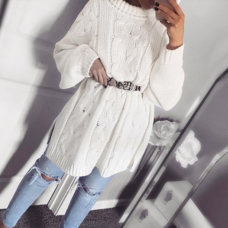 A-line turtleneck white sweater dress Sexy long sleeve