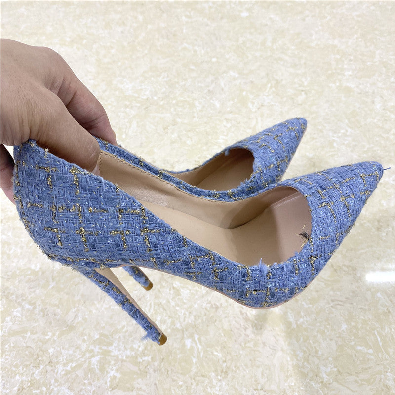 New Woven High Heels 12CM Pointed Toe Stiletto Pumps All-Match Women's