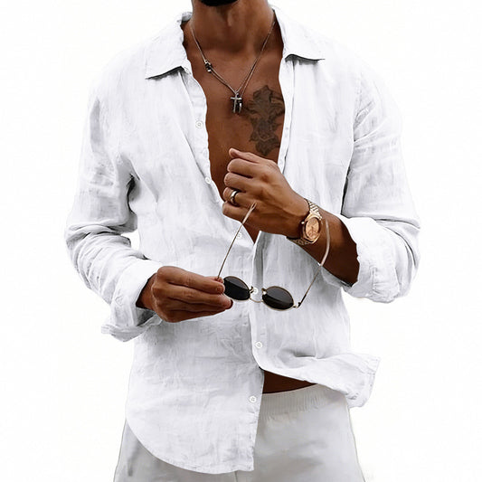 Loose-fit Cardigan With A Lapel Collar Versatile Linen Long-sleeve Shirt