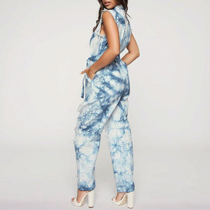 Denim hole tie dyed jumpsuit Women sashes buttons sexy long
