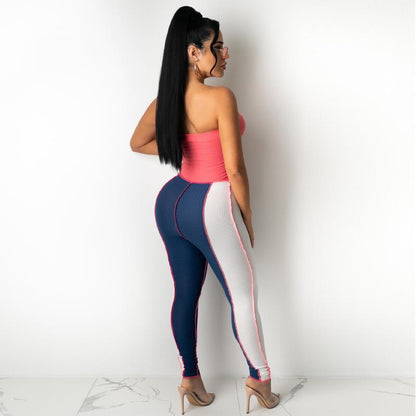 Strapless Contrast Color Long Jumpsuits Womens Sexy Hollow Out Bandage