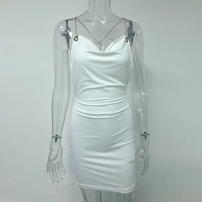Satin drape elegant backless white dress Women sleeveless