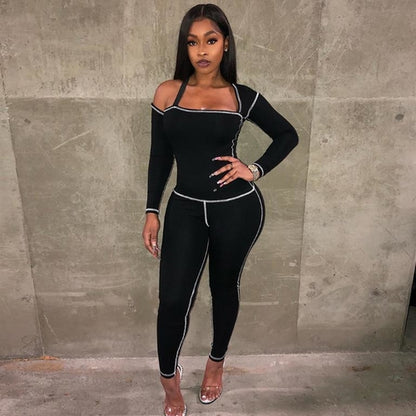 Square collar sexy jumpsuit Long sleeve knitted women