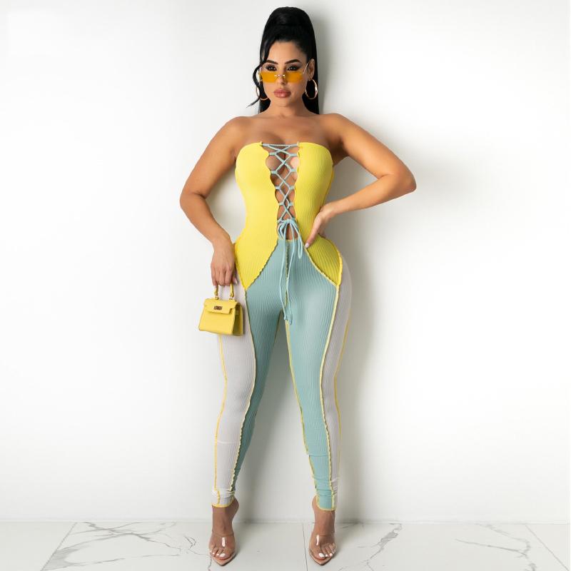 Strapless Contrast Color Long Jumpsuits Womens Sexy Hollow Out Bandage