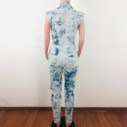 Denim hole tie dyed jumpsuit Women sashes buttons sexy long