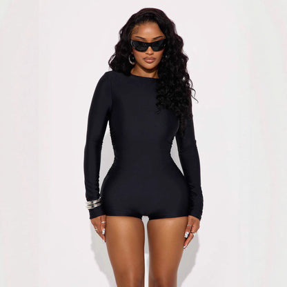 High-elastic Crewneck Long-sleeve Tight-fitting Casual Sports Jumpsuit