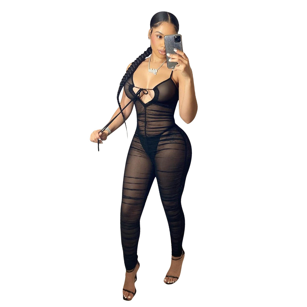 Beyprern Sheer Mesh Ruche Style Women's Jumpsuit