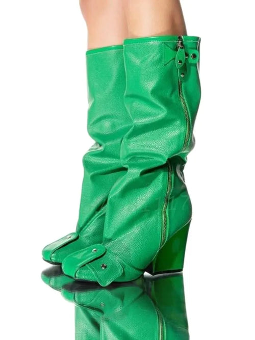 Green Knee High Chunky Heels Boots Women Patchwork Metal Decorate Side