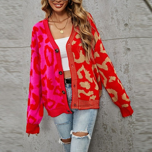 Cárdigan con estampado de leopardo, suéter de punto para mujer