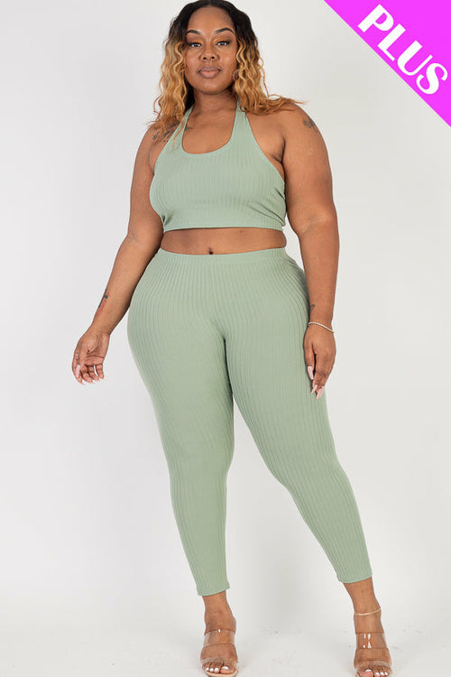 Plus Size Back Tied Halter Neck & Leggings Sets