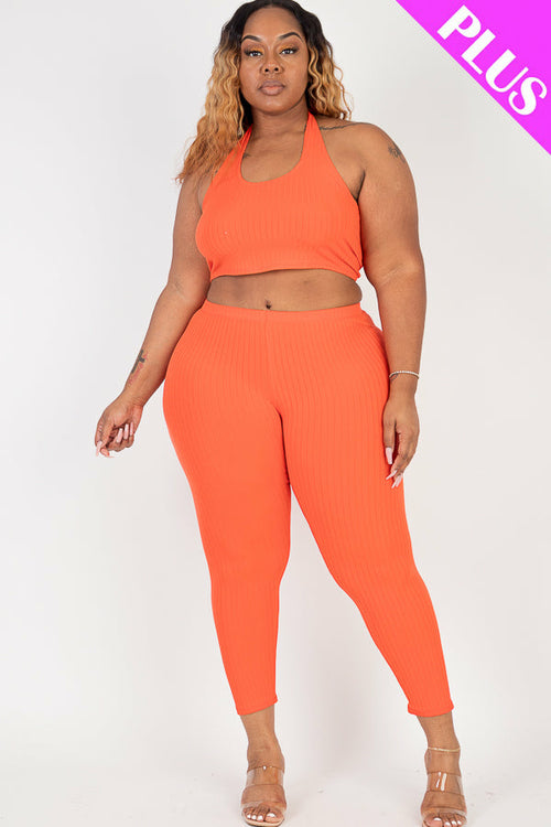 Plus Size Back Tied Halter Neck & Leggings Sets