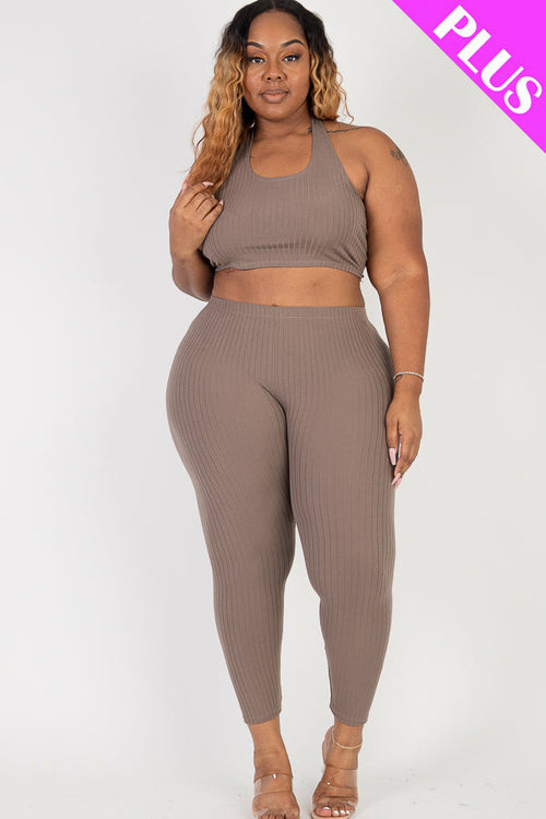 Plus Size Back Tied Halter Neck & Leggings Sets