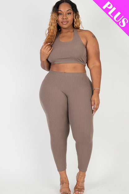 Plus Size Back Tied Halter Neck & Leggings Sets