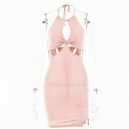 Patchwork Women Lace Up Halter Mini Dress Hollow Out Backless Bodycon