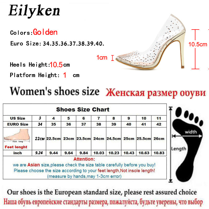 Eilyken Golden Rhinestone Pvc Transparent Women Pumps Shoes