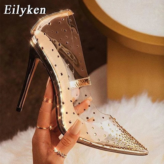 Eilyken Golden Rhinestone Pvc Transparent Women Pumps Shoes