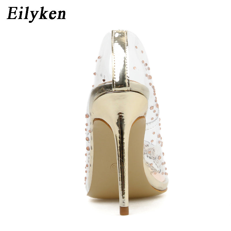 Eilyken Golden Rhinestone Pvc Transparent Women Pumps Shoes