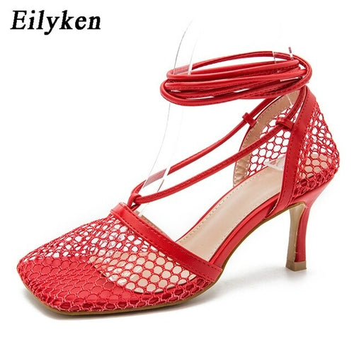 Eilyken Summer Autumn Sexy Mesh Pumps Sandals Female Square Toe High