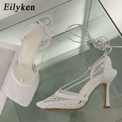 Eilyken Summer Autumn Sexy Mesh Pumps Sandals Female Square Toe High