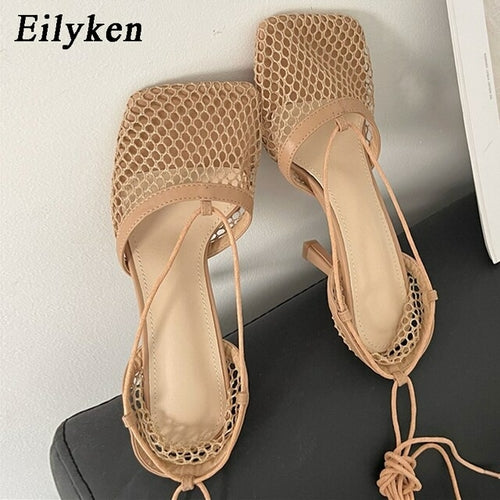 Eilyken Summer Autumn Sexy Mesh Pumps Sandals Female Square Toe High