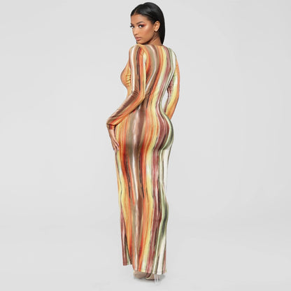 Fashion Long Sleeve Dress Women Tie Dye Print Maxi Dress Stripe Sexy V