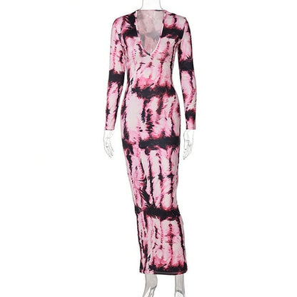 Fashion Long Sleeve Dress Women Tie Dye Print Maxi Dress Stripe Sexy V