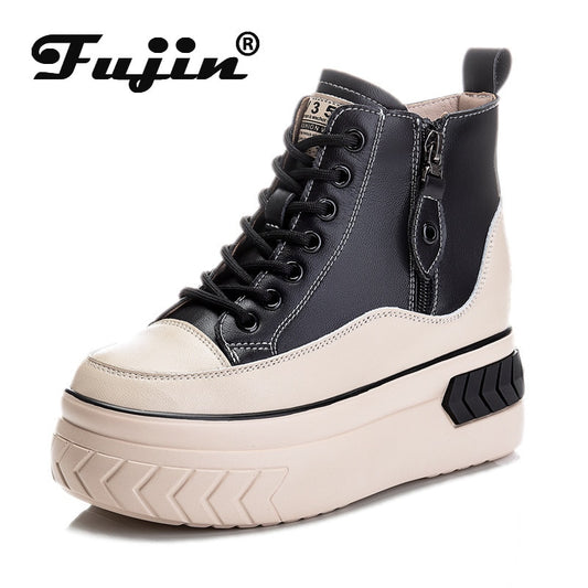 Fujin High Top Women Shoes Genuine Leather 8cm Platform Boots Wedge