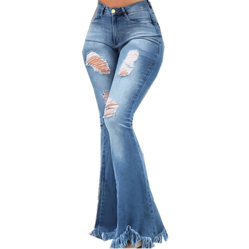 Full Length Denim Flare Capris Pants Pocket Holes Bell Bottom Trousers