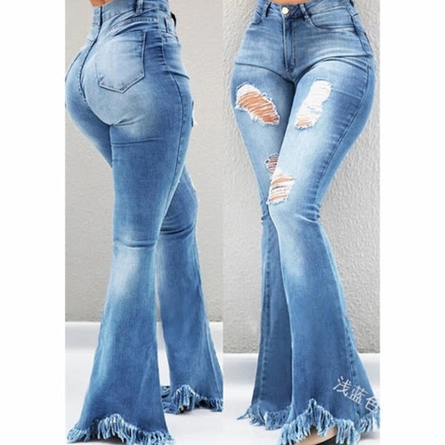 Full Length Denim Flare Capris Pants Pocket Holes Bell Bottom Trousers