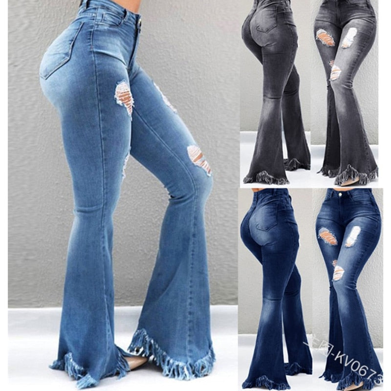 Full Length Denim Flare Capris Pants Pocket Holes Bell Bottom Trousers