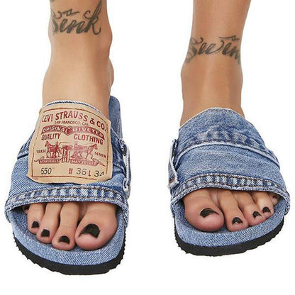 Chanclas planas Cool Round Head para mujer Denim Azul/Negro 