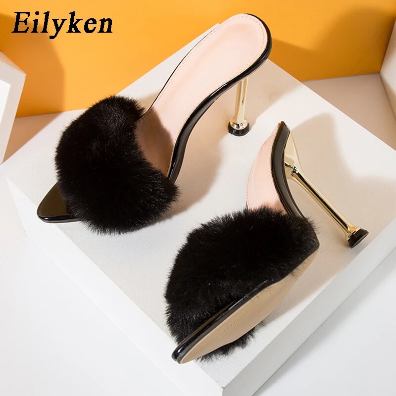 Eilyken Fashion Faux Fur Women Mule High Heels Slippers Sandals Flip